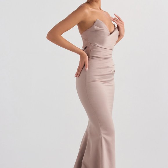 HOUSE OF CB - FLEUR MUSHROOM SATIN STRAPLESS GOWN - Picture 3 of 6